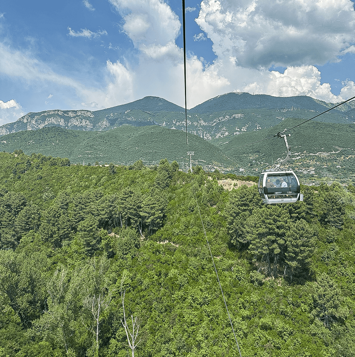 Taking the cable car up to Dajti Mountain